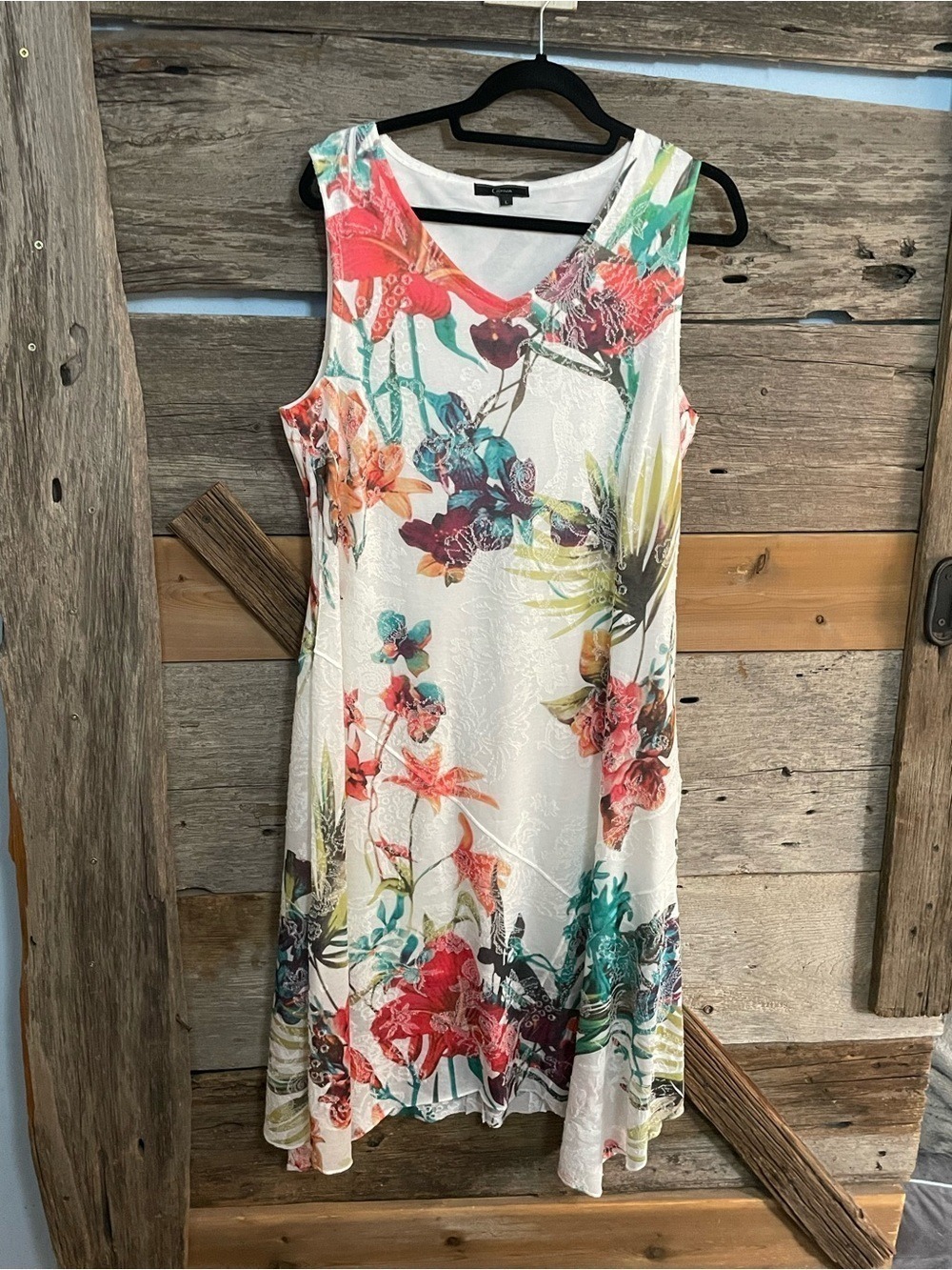 Sleeveless Floral Swing Dress - White with Multicolor Print Size Large